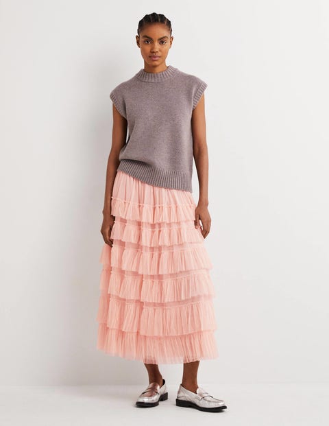 Pink Ruffle Tulle Midi Skirt