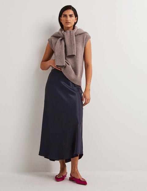 Navy Satin Bias-cut Midi Skirt