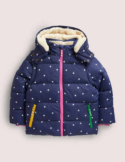 Navy Star Print Hooded Puffer Jacket