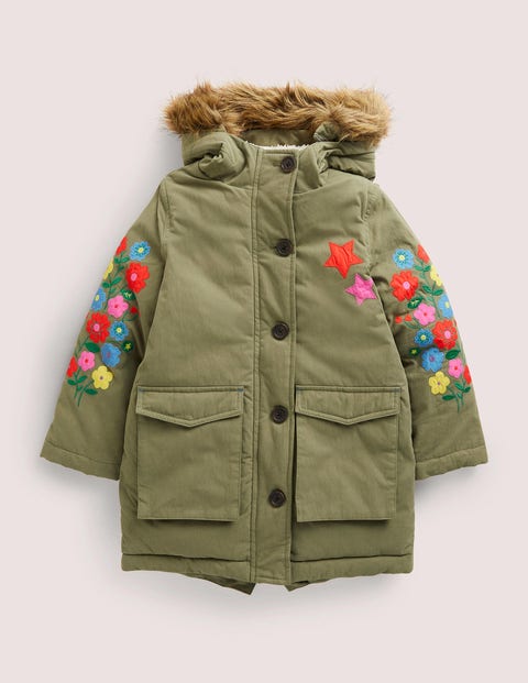 Green Fleece-Lined Floral Embroidered Coat