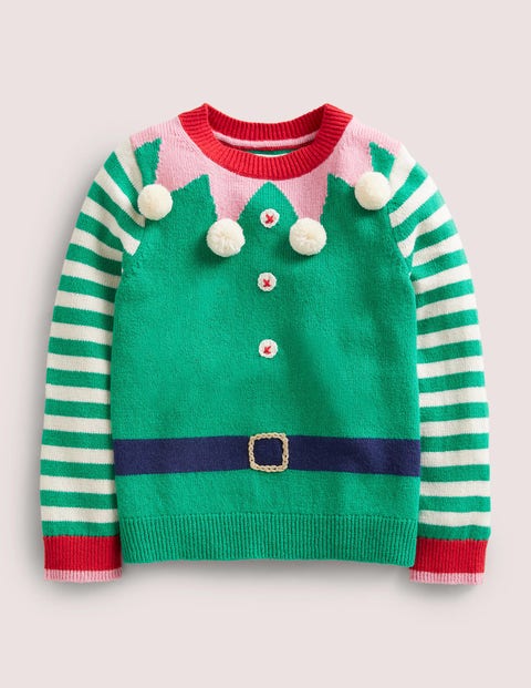 Green Stripe Elf Pompom Christmas Jumper