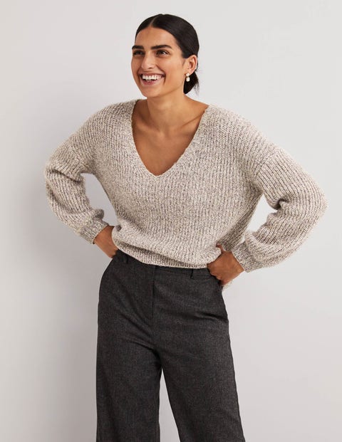 Ivory Sparkle Ribbed Fluffy V-Neck Jumper