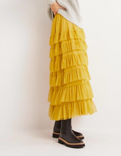 Yellow Ruffle Tulle Midi Skirt