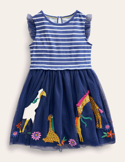 Blue Floral Bow Party Dress